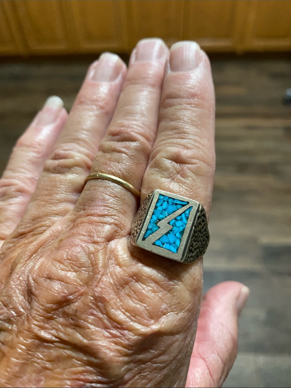 Men's Turquoise Inlay Lightning Bolt Signet Ring - Silver Tone
